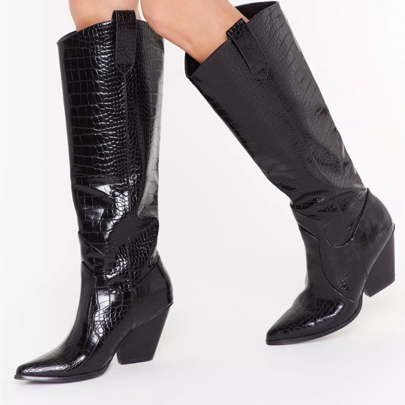 Y2K Retro Black Knee High Alligator Chunky Heeled Cowboy Boots 41 - Picture 9 of 10